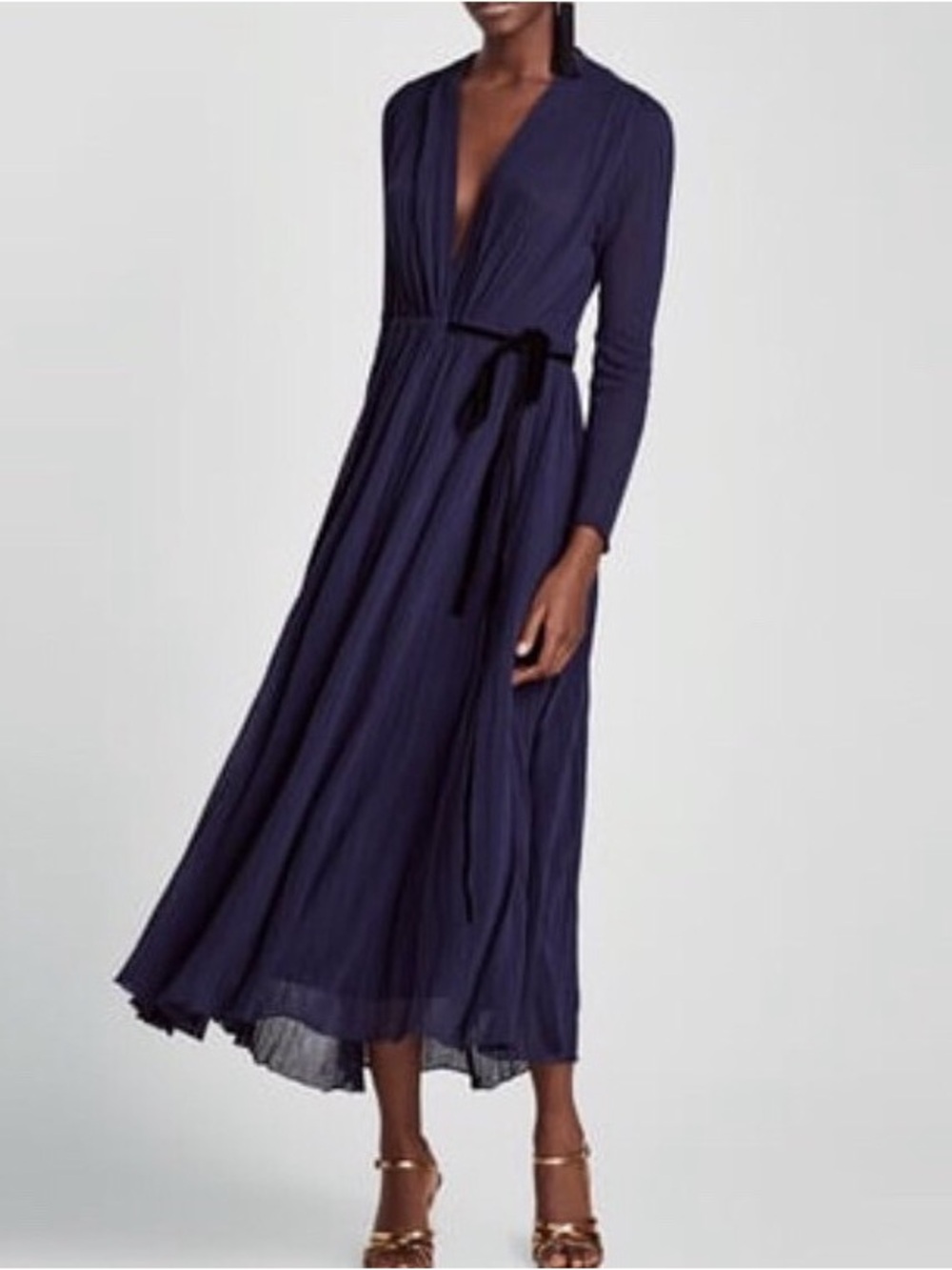 NWT Zara Crossover Wrap Long Dress Velvet Belt Midnight Blue M
